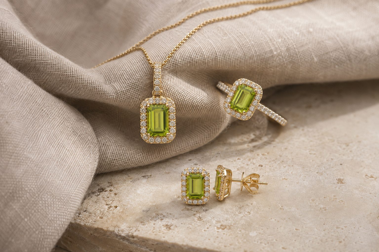 14k yellow gold emerald-cut peridot and diamond ring, pendant and stud earrings