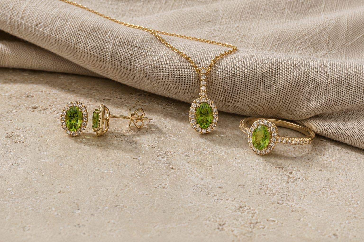 14k yellow gold oval peridot and diamond ring, pendant and stud earrings