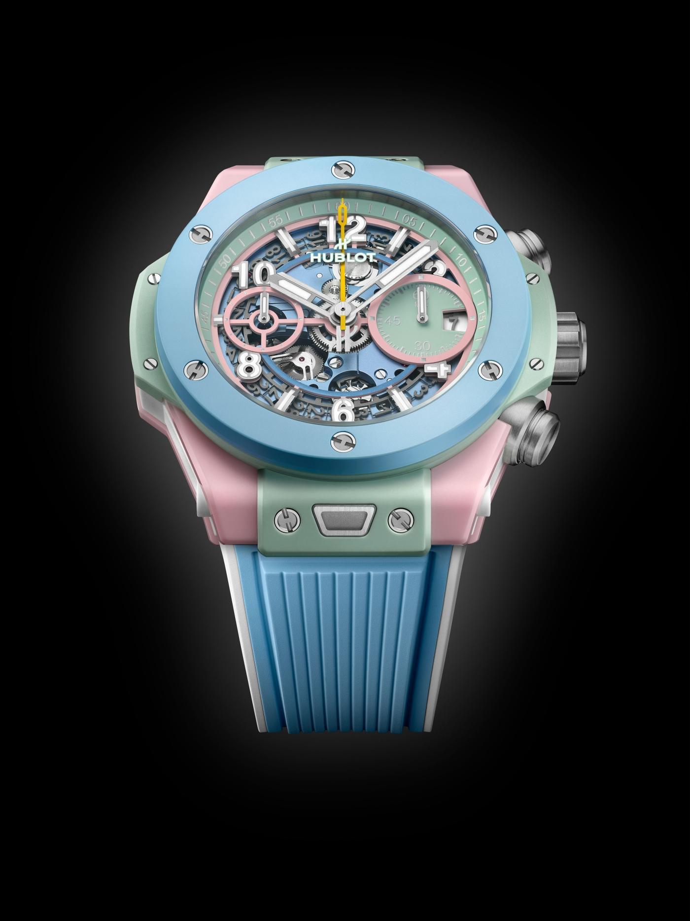 Hublot Big Bang Summer Multi-Colored Ceramic 42mm &mdash; pink and mint green ceramic case with sky-blue bezel