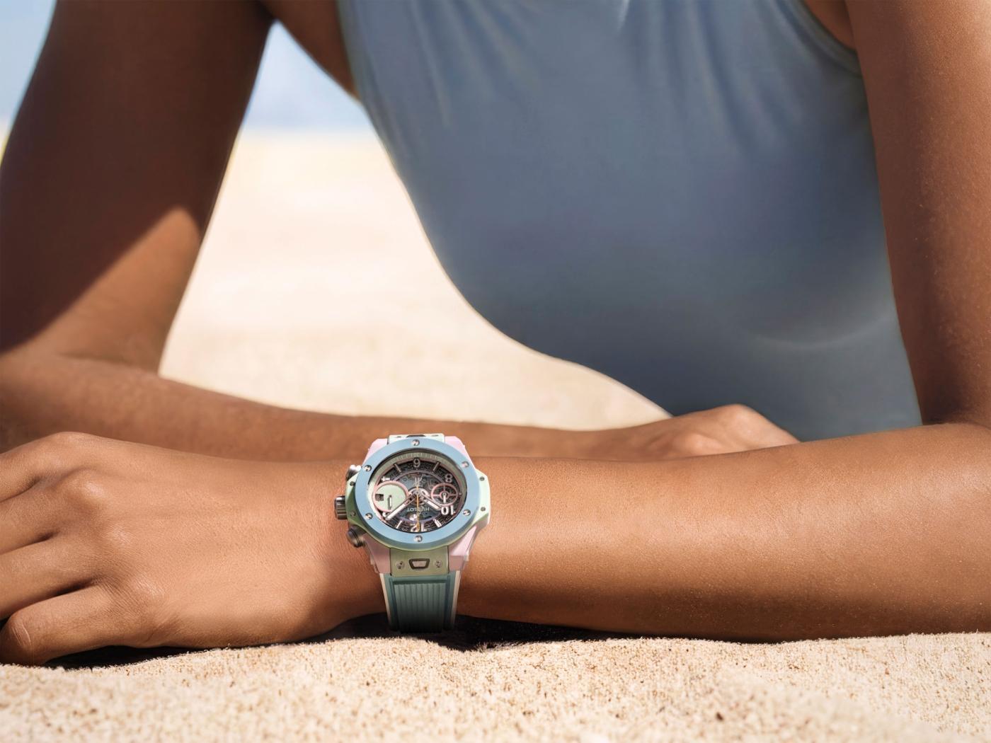 Hublot Big Bang Summer on the wrist against sand