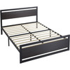 Full Black Metal Platform Bed Frame with Wood Panel Headboard and Footboard