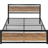 Full Metal Platform Bed Frame with Brown Wood Panel Headboard and Footboard