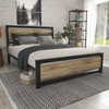 Queen Metal Platform Bed Frame with Brown Wood Panel Headboard and Footboard