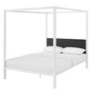 Queen size White Metal Canopy Bed Frame with Grey Fabric Upholstered Headboard