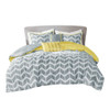 Twin / Twin XL Reversible Comforter Set in Grey White Yellow Chevron Stripe