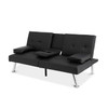 Black Faux Leather Convertible Sofa Futon with 2 Cup Holders