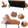 Brown Modern Faux Leather Cup Holders Convertible Sofa Bed Futon Sleeper