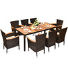 9 Pieces Rattan Dining Set with Acacia Wood Table and Stackable Cushioned Chairs