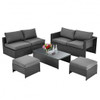 6 Pieces Patio Rattan Furniture Set with Glass Table and Cushioned Seat-Gray