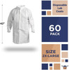 Disposable Lab Coats 40" Long. Pack of 60 White Large PPE Gowns with Stand-Collar; Elastic Wrists; 