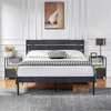 Queen size Industrial Platform Bed Frame with Wood Slatted Headboard in Black