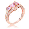Rose Gold Plated 3-Stone Trillion Cut Pink CZ Halo Pave Ring