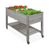 Outdoor Grey Wood Raised Garden Bed Planter Box with Shelf and Locking Wheels