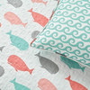 Full/Queen 5 Piece Microfiber Quilt Set in Teal Pink Aqua Waves Whale Pattern