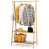 Entryway Bedroom Wood Garment Clothes Hanging Rack with 2 Bottom Storage Shelves