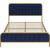 Full Gold Metal Platform Bed Frame with Navy Blue Velvet Upholstered Headboard