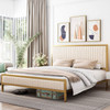 Queen size Gold Metal Platform Bed Frame with Beige White Upholstered Headboard