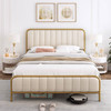 Queen size Gold Metal Platform Bed Frame with Off-White Upholstered Headboard