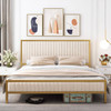 King size Gold Metal Platform Bed Frame with Beige White Upholstered Headboard