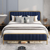 Queen Gold Metal Platform Bed Frame with Navy Blue Velvet Upholstered Headboard