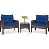 3-Piece Brown PE Rattan Outdoor Dining Patio Furniture Set with Blue Cushions