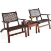 Solid Wood and Rattan 3-Piece Outdoor Patio Furniture Table Chairs Set