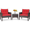 3-Piece Brown PE Rattan Outdoor Dining Patio Furniture Set with Red Cushions