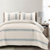 King size Blue Off-White Cream Stripe 3 Piece Reversible Cotton Quilt Set