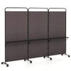 3-Panel Folding Room Divider with 3 Metal Shelves and Lockable Wheels-Brown