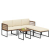 6 Pieces Acacia Wood Patio Furniture Set with Coffee Table and Ottomans-Beige