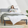 King Size Grey Soft Fabric Metal Headboard Platform Bed Wooden Slats