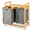 Natural Bamboo 2 Bin Sliding Laundry Hamper with Storage Shelf