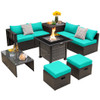Outdoor 9 Pieces Patio Furniture Set with 50 000 BTU Propane Fire Pit Table-Gray