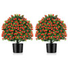 2 Pack Artificial Rose Topiary Ball Tree Faux Shrub Bushes with Flowers-Red