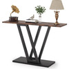 Modern 43-inch Narrow Entryway Table with Brown Wood Top and Black Metal Frame