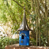 Outdoor Teal Blue Metal Birdhouse with Vintage Bronze Phonograph Style Roof Outdoor Teal Blue Metal Birdhouse with Vintage Bronze Phonograph Style Roof