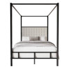 King size Black Metal Canopy Bed with Upholstered Button-Tufted Headboard