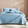 Full / Queen 3-Piece Blue Velvet Embroidered Lavishly Soft Quilt Set