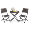 3 Piece Rattan Bistro Set Outdoor Folding Dining Table and Chairs with Wicker Seat