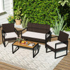 4 Piece Patio Furniture Set Outdoor Rattan Conversation Set with Cushioned Chairs and Wood Plastic 