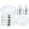 Elama 350 Piece Disposable Plastic Dinnerware Party Set for 50 Guests in White with Silver Trim