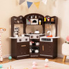 Corner Wooden Play Kitchen with Coffee Machine and Slide for Kids-Brown