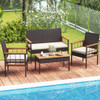 4 Pieces Wicker Furniture Set with Acacia Wood Tabletop and Armrests for Porch-White