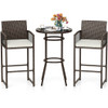 3 Piece Patio Bar Set Outdoor Wicker Bar Height Round Table and Armchairs-White