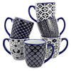 Elama Flyn 6 Piece 16 Ounce Assorted Design Stoneware Mug Set in Navy Blue and White