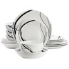 Elama Sarah 16 Piece Porcelain Black Ribbon Double Bowl Dinnerware Set, Service for 4 in White and 
