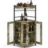 Industrial Corner Bar Cabinet with Glass Holder and Adjustable Shelf-Taupe