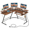 L-shaped Computer Desk with Power Outlet and Monitor Stand-Rustic Brown
