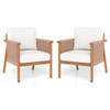 Patio Acacia Wood Chair Set of 2 with Woven Rope Armrests and Seat Back Cushions for Backyard-White