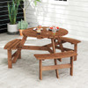 6-Person Round Picnic Table Set with 3 Built-in Benches and Umbrella Hole-Brown